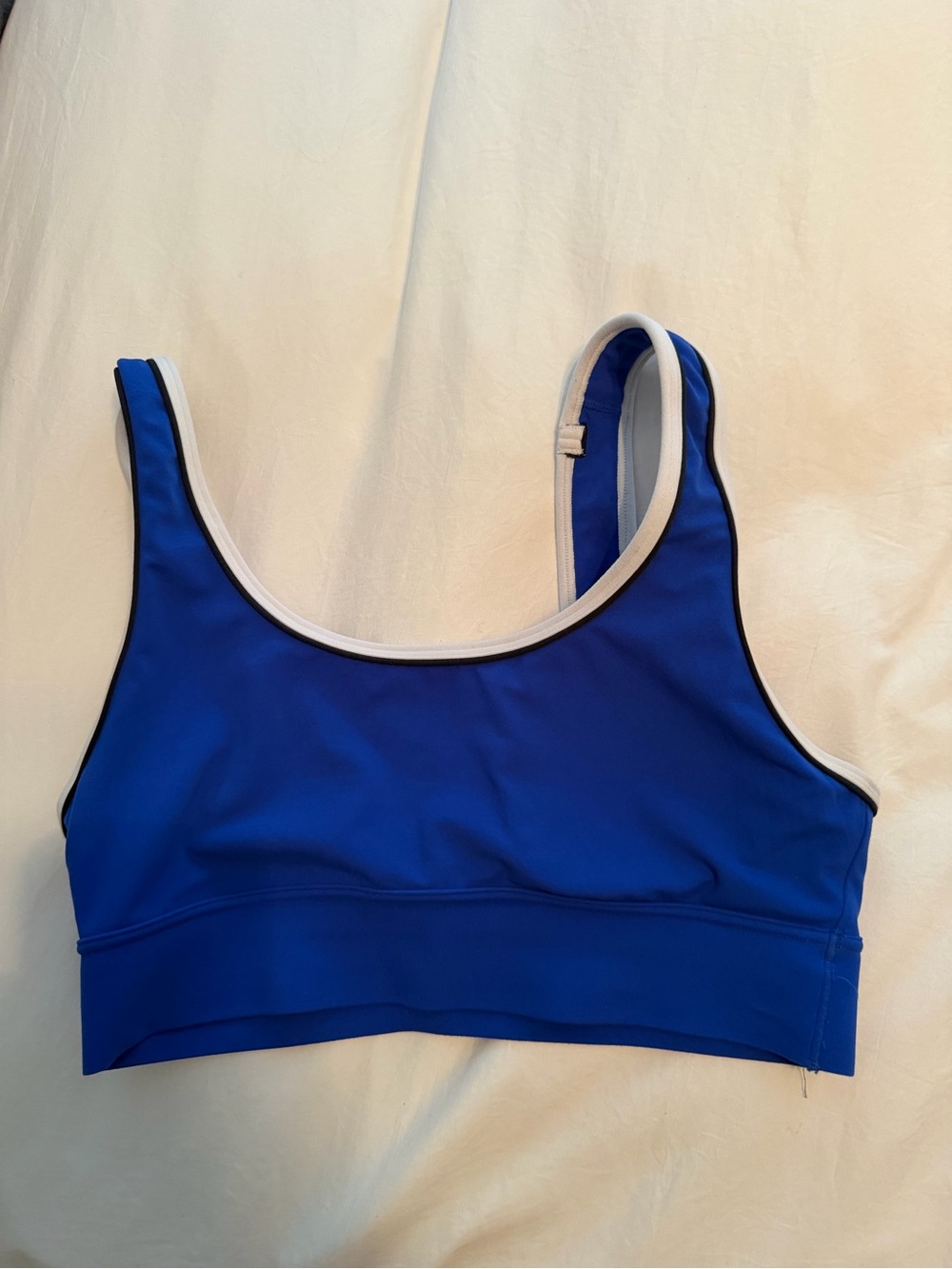 Athleta Royal Blue Scoop-Back and front bra with White Trim